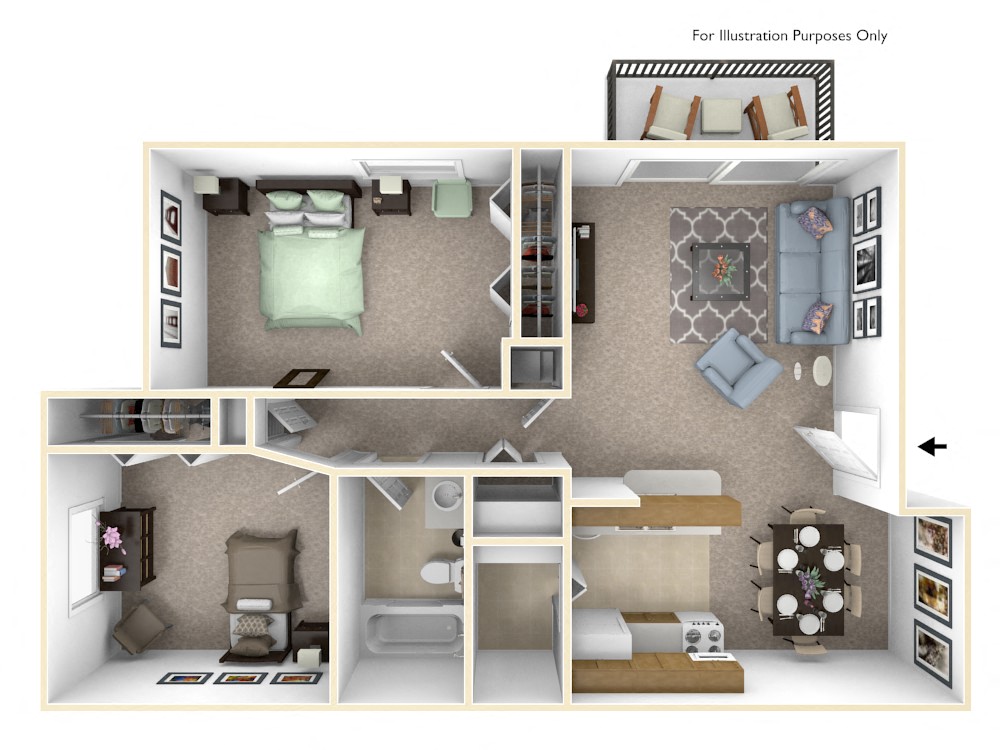 Floor plan for 2 beds, 1 bath, 860 sqft